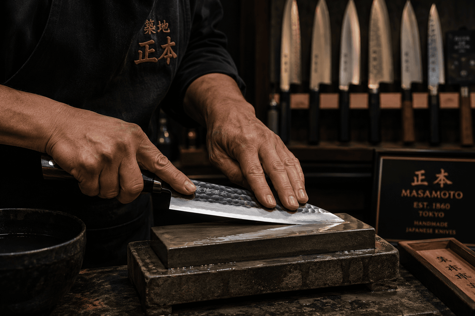 Knife being sharpened by hand on a whetstone