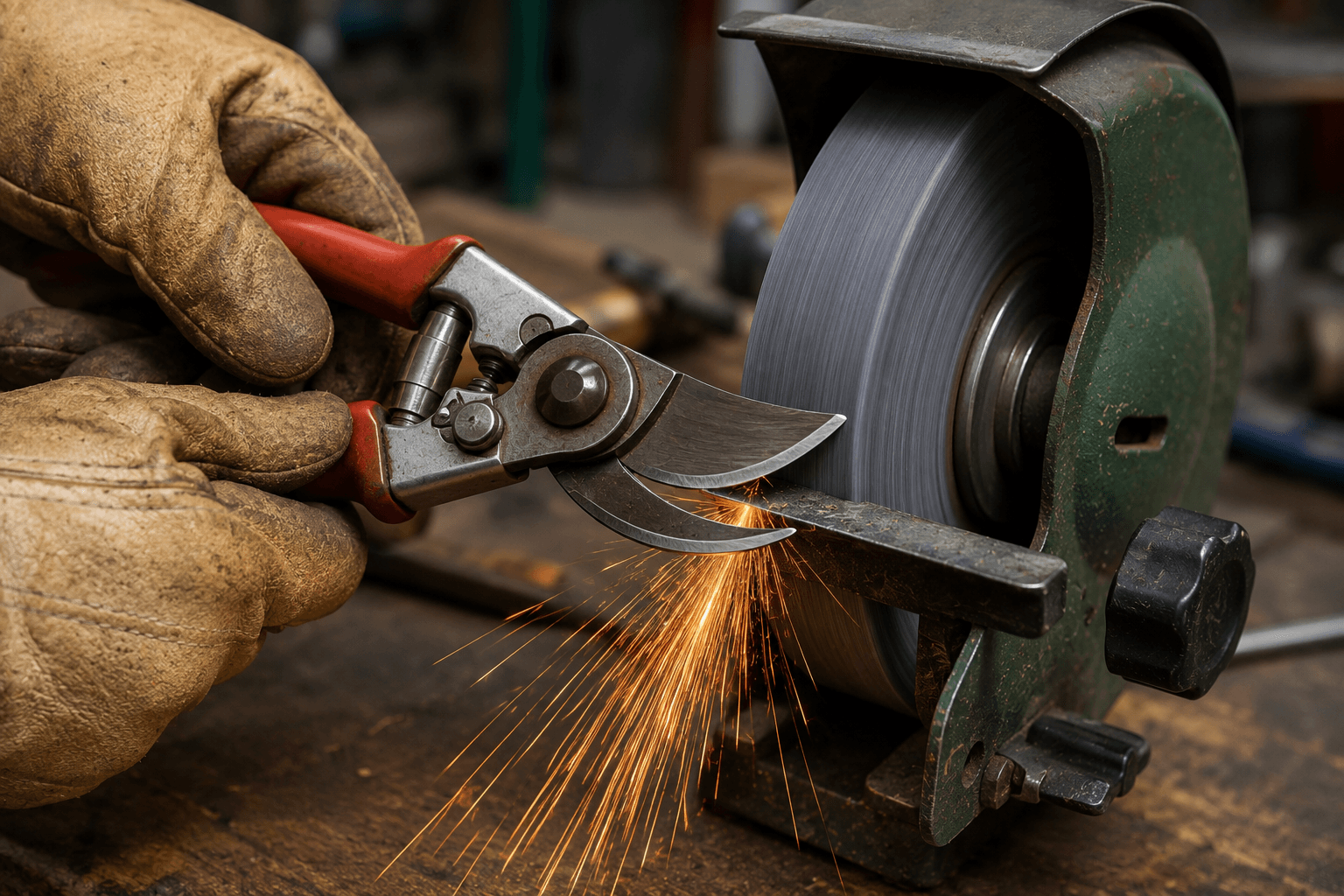 Pruning shears being sharpened in a working shop