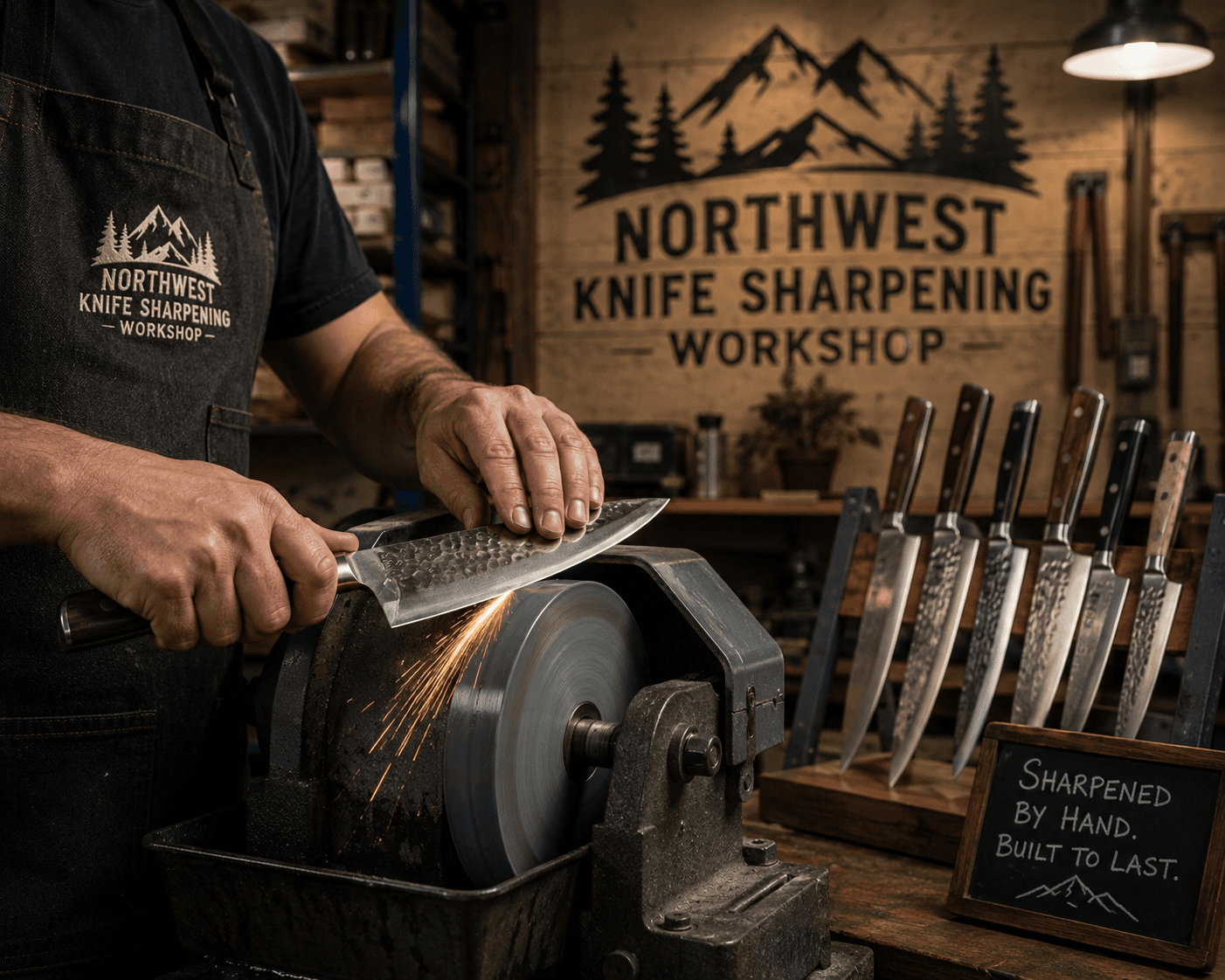 A Northwest Knife Sharpening craftsperson working on a kitchen knife